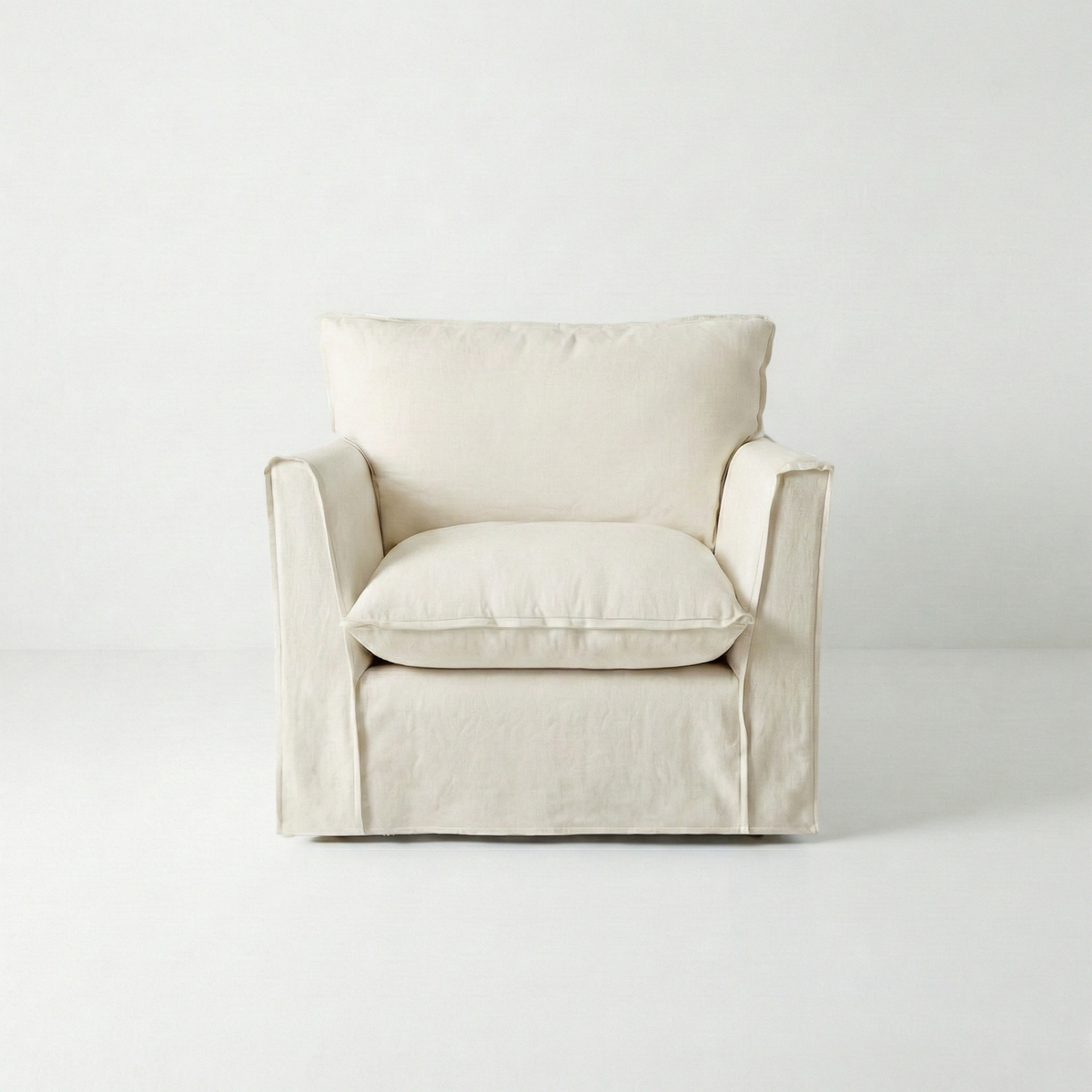 Coco Armchair with Self Piped Knife Edge cushion in Cotton Linen Cool Coconut  - Hand Made in USA