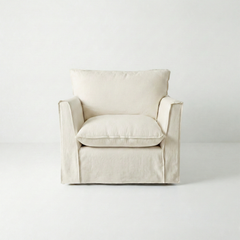 Coco Armchair with Self Piped Knife Edge cushion in Cotton Linen Cool Coconut  - Hand Made in USA