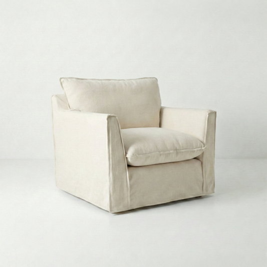 Coco Armchair with Self Piped Knife Edge cushion in Cotton Linen Cool Coconut  - Hand Made in USA