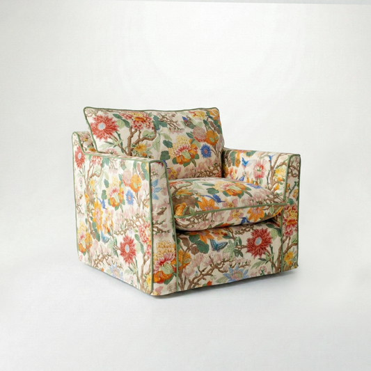 Coco Armchair with Self Piped Knife Edge cushion in GP & J Baker Magnolia Cream Blue  - Hand Made in USA
