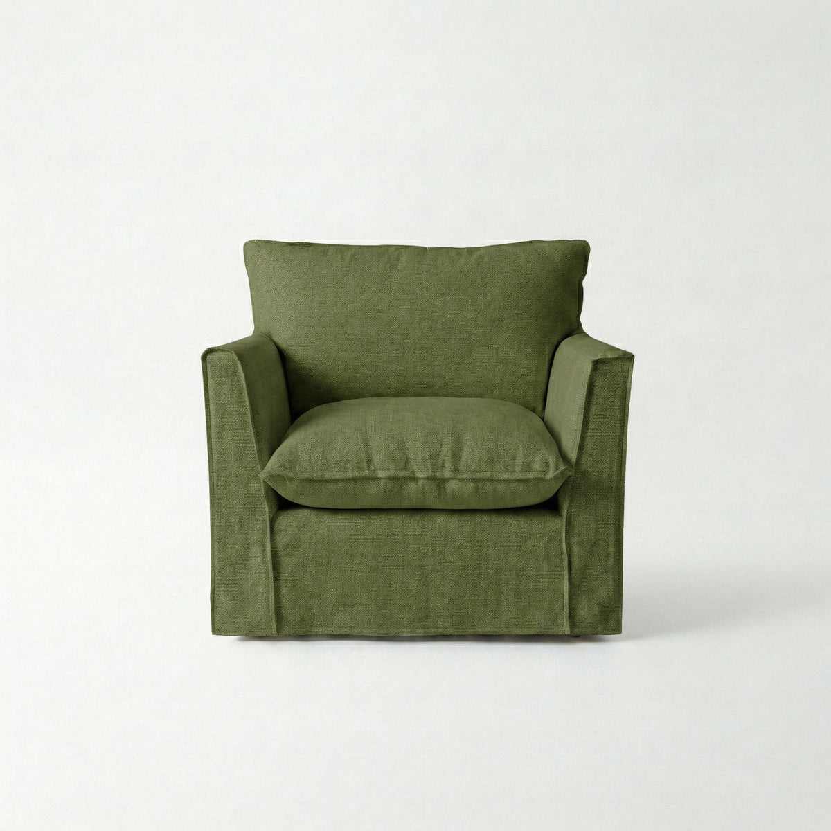 Coco Armchair with Self Piped Knife Edge cushion in Cotton Linen Evergreen  - Hand Made in USA