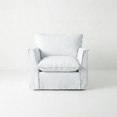 Coco Armchair with Self Piped Knife Edge cushion in Cotton Linen Snow Drop  - Hand Made in USA