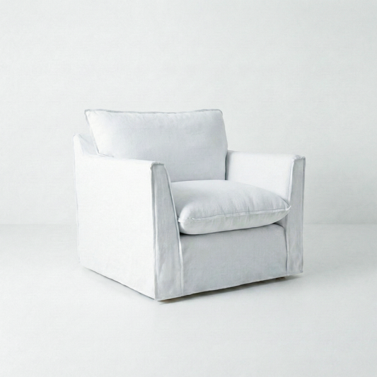 Coco Armchair with Self Piped Knife Edge cushion in Cotton Linen Snow Drop  - Hand Made in USA
