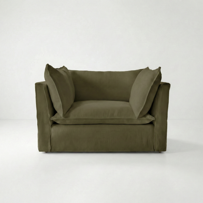 Coco Loveseat with Knife Edge cushion in Beatrice Olive  - Hand Made in USA