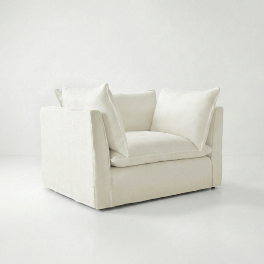 Coco Loveseat with Self Piped Knife Edge cushion in Cotton Linen Cool Coconut - Hand Made in USA