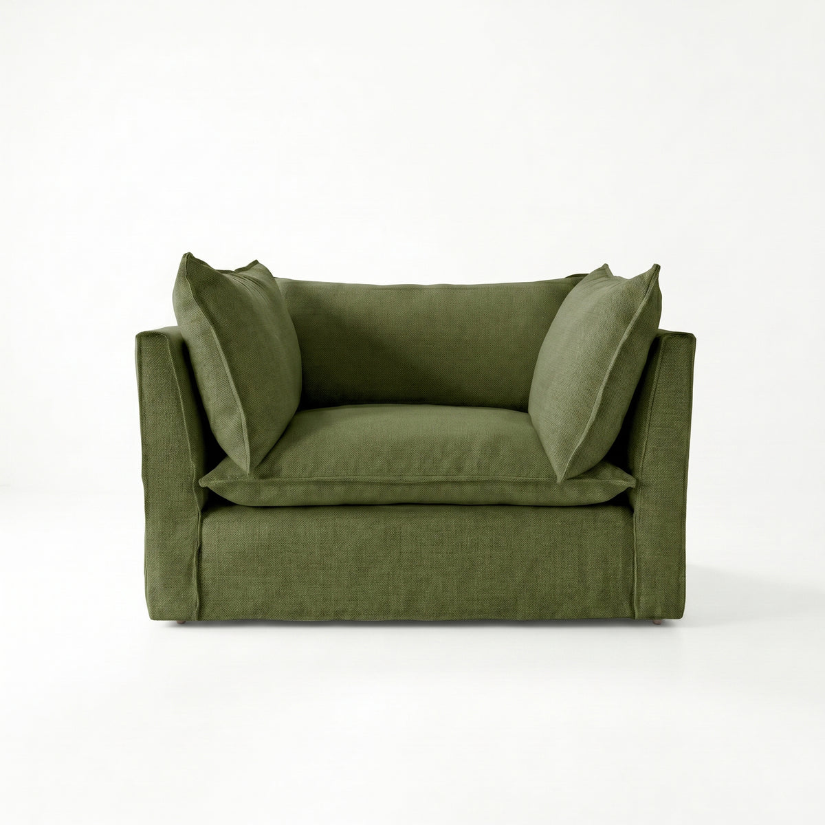Coco Loveseat with Self Piped Knife Edge cushion in Cotton Linen Evergreen - Hand Made in USA