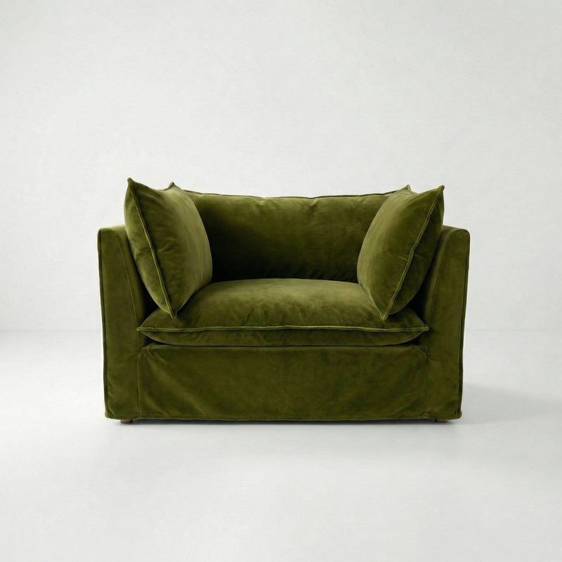 Coco Loveseat with Self Piped Knife Edge cushion in Pelham Moss Velvet  - Hand Made in USA