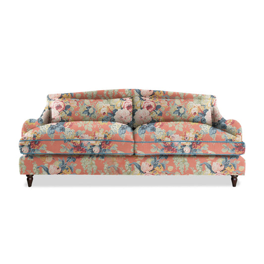 Felix 4 seater sofa in Natural Linen English Garden Coral Orange with Velvet Trim - Hand Made in USA