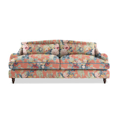 Felix 4 seater sofa in Natural Linen English Garden Coral Orange with Velvet Trim - Hand Made in USA