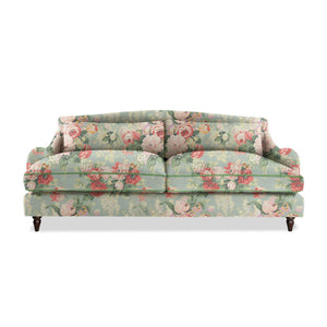Felix 4 seater sofa in Natural Linen English Garden Grey Skies with Velvet Trim - Hand Made in USA