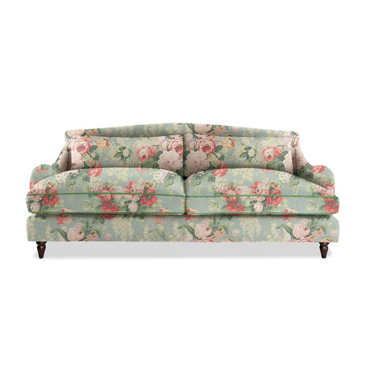 Felix 4 seater sofa in Natural Linen English Garden Grey Skies with Velvet Trim - Hand Made in USA