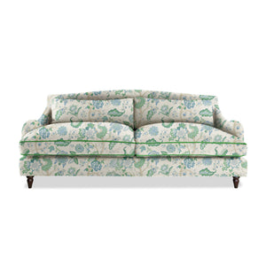 Felix 4 seater sofa in Natural Linen Kitty Blue Green with Velvet Trim - Hand Made in USA
