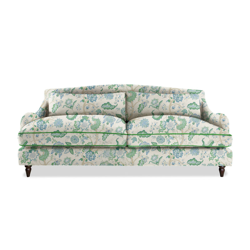 Felix 4 seater sofa in Natural Linen Kitty Blue Green with Velvet Trim - Hand Made in USA