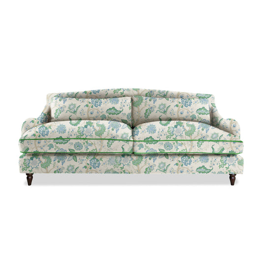 Felix 4 seater sofa in Natural Linen Kitty Blue Green with Velvet Trim - Hand Made in USA