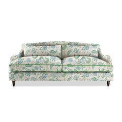 Felix 4 seater sofa in Natural Linen Kitty Blue Green with Velvet Trim - Hand Made in USA