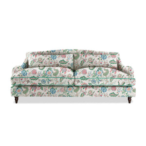 Felix 4 seater sofa in Natural Linen Kitty Spring Green with Velvet Trim - Hand Made in USA