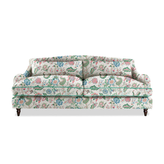 Felix 4 seater sofa in Natural Linen Kitty Spring Green with Velvet Trim - Hand Made in USA