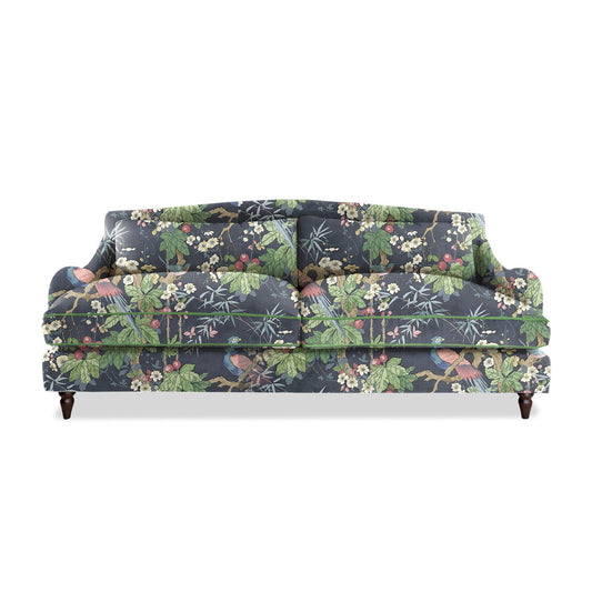Felix 4 seater sofa in Natural Linen Belleville Navy with Velvet Trim - Hand Made in USA