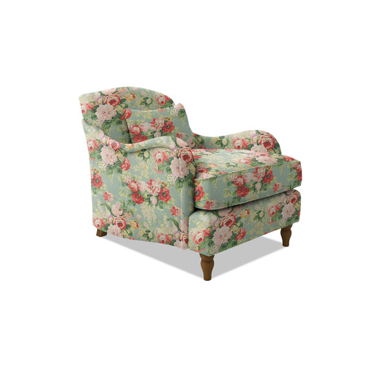 Felix Armchair with Fixed Back in Natural Linen English Garden Grey Skies - Hand Made in USA