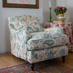 Felix Armchair with Fixed Back in Natural Linen Kitty Blue Green - Hand Made in USA
