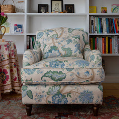 Felix Armchair with Fixed Back in Natural Linen Kitty Blue Green - Hand Made in USA
