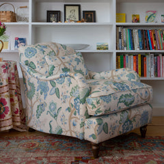 Felix Armchair with Fixed Back in Natural Linen Kitty Blue Green - Hand Made in USA