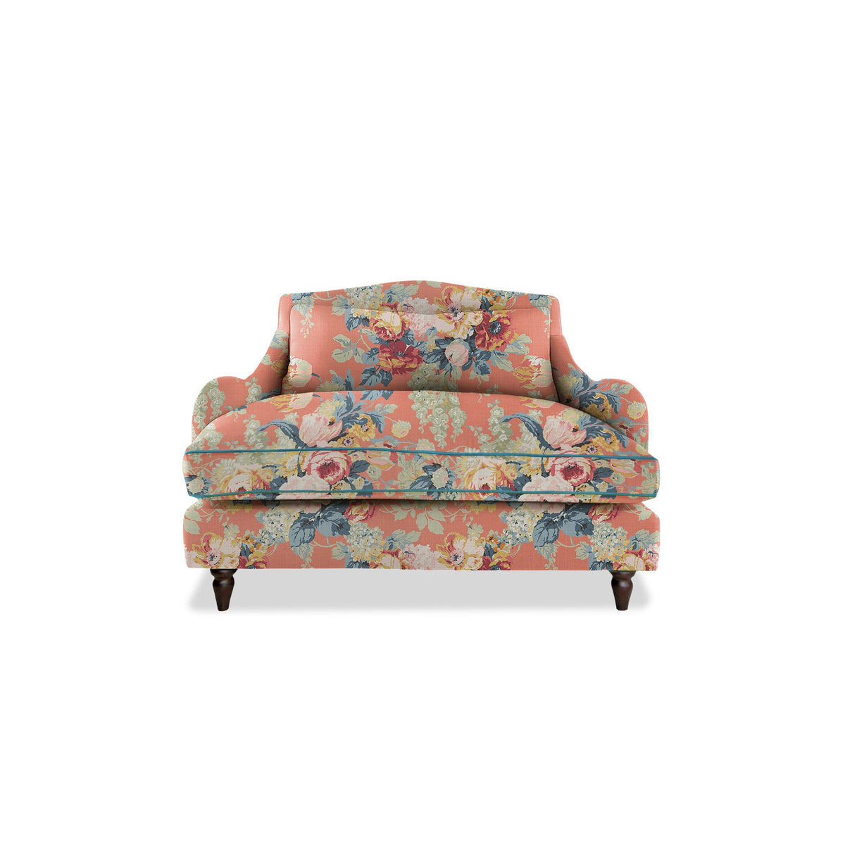 Felix Loveseat in Natural Linen English Garden Coral Orange with Velvet Trim - Hand Made in USA