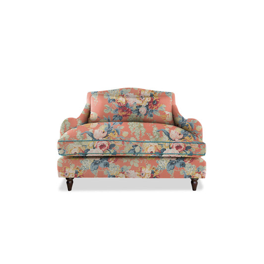Felix Loveseat in Natural Linen English Garden Coral Orange with Velvet Trim - Hand Made in USA
