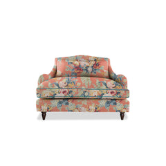 Felix Loveseat in Natural Linen English Garden Coral Orange with Velvet Trim - Hand Made in USA