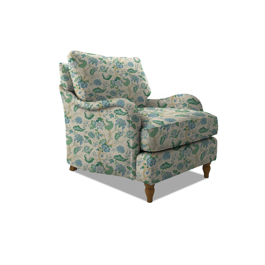 Isobel Armchair with Big Back Cushion in Natural Linen Kitty Blue Green - Hand Made in USA