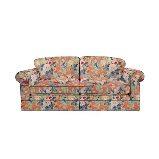 Salthrop Large Sofa with Big Back Cushion in Coral Orange with Lagoon Velvet Trim - Hand Made in USA
