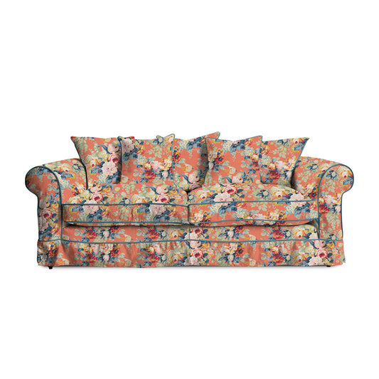 Salthrop Large Sofa with Scatter Cushion in Coral Orange with Lagoon Velvet Trim - Hand Made in USA