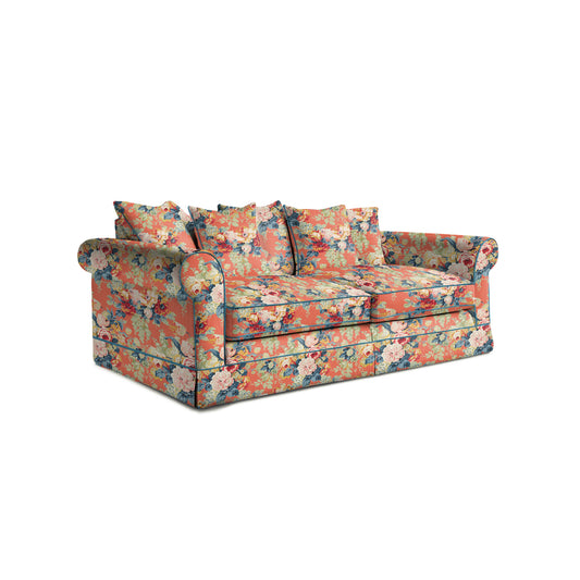 Salthrop Large Sofa with Scatter Cushion in Coral Orange with Lagoon Velvet Trim - Hand Made in USA