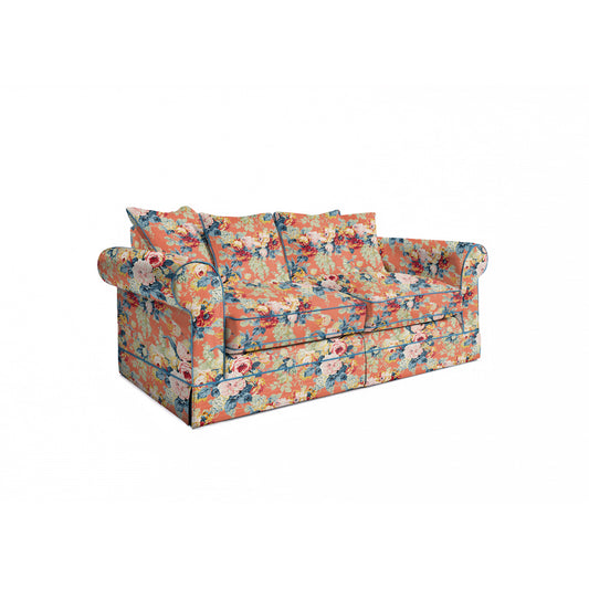 Salthrop Medium Sofa with Scatter Cushion in Coral Orange with Lagoon Velvet Trim - Hand Made in USA
