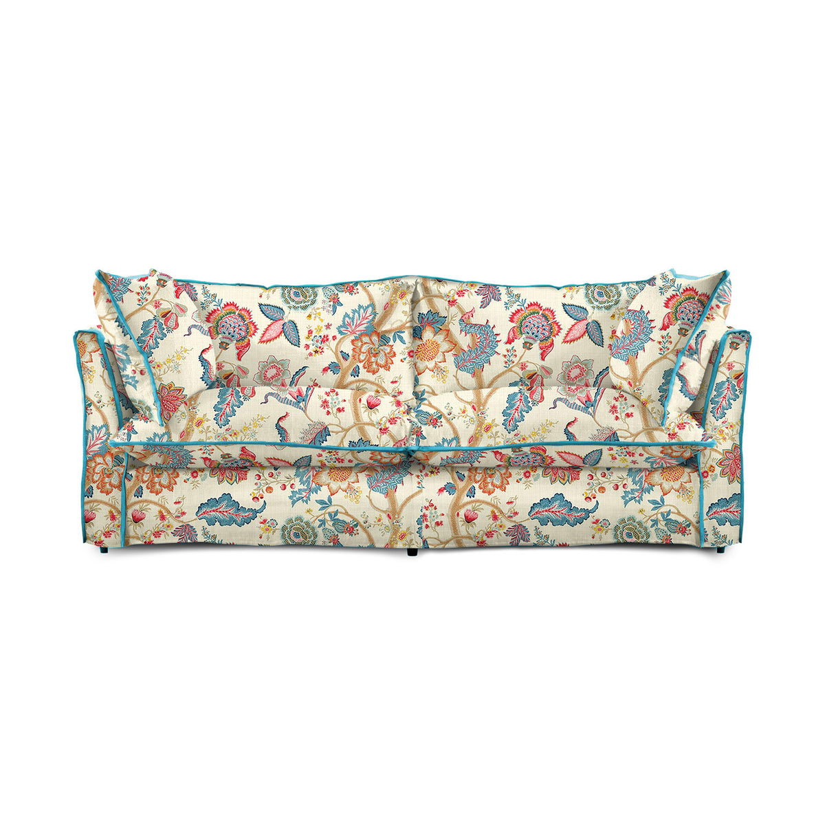 Coco 2.5 seater sofa with Knife Edge cushion in Kitty Indian Summer with Velvet Trim  - Hand Made in USA