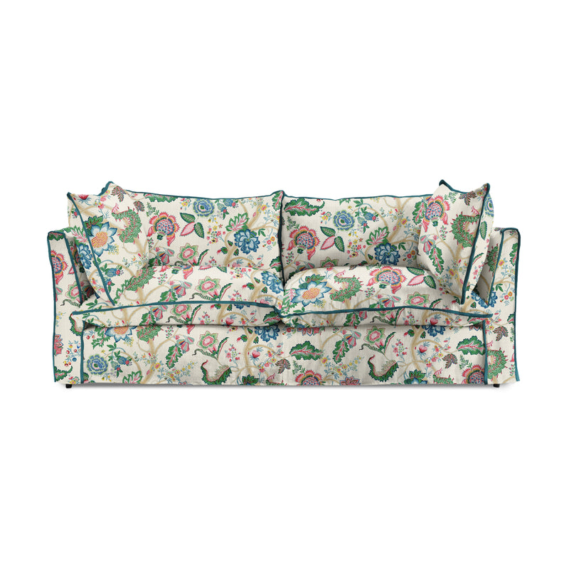 Coco 2.5 seater sofa with Knife Edge cushion in Kitty Spring Green with Lagoon Velvet Trim  - Hand Made in USA