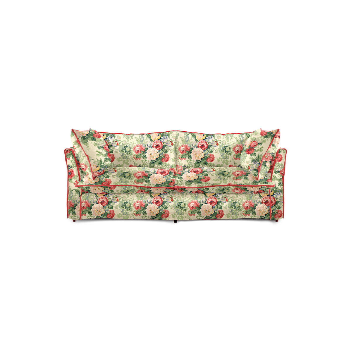 Coco 2.5 seater sofa with Knife Edge cushion in English Garden Classic Rose with Velvet Trim  - Hand Made in USA