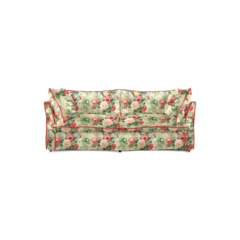 Coco 2.5 seater sofa with Knife Edge cushion in English Garden Classic Rose with Velvet Trim  - Hand Made in USA