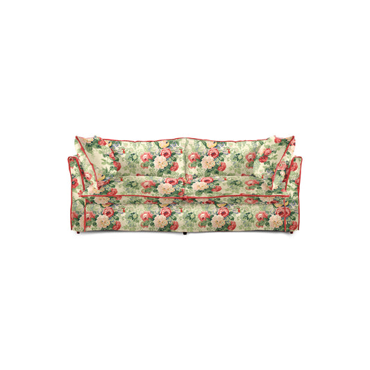 Coco 2.5 seater sofa with Knife Edge cushion in English Garden Classic Rose with Velvet Trim  - Hand Made in USA