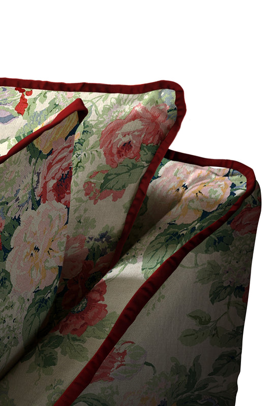 Coco 2.5 seater sofa with Knife Edge cushion in English Garden Classic Rose with Velvet Trim  - Hand Made in USA
