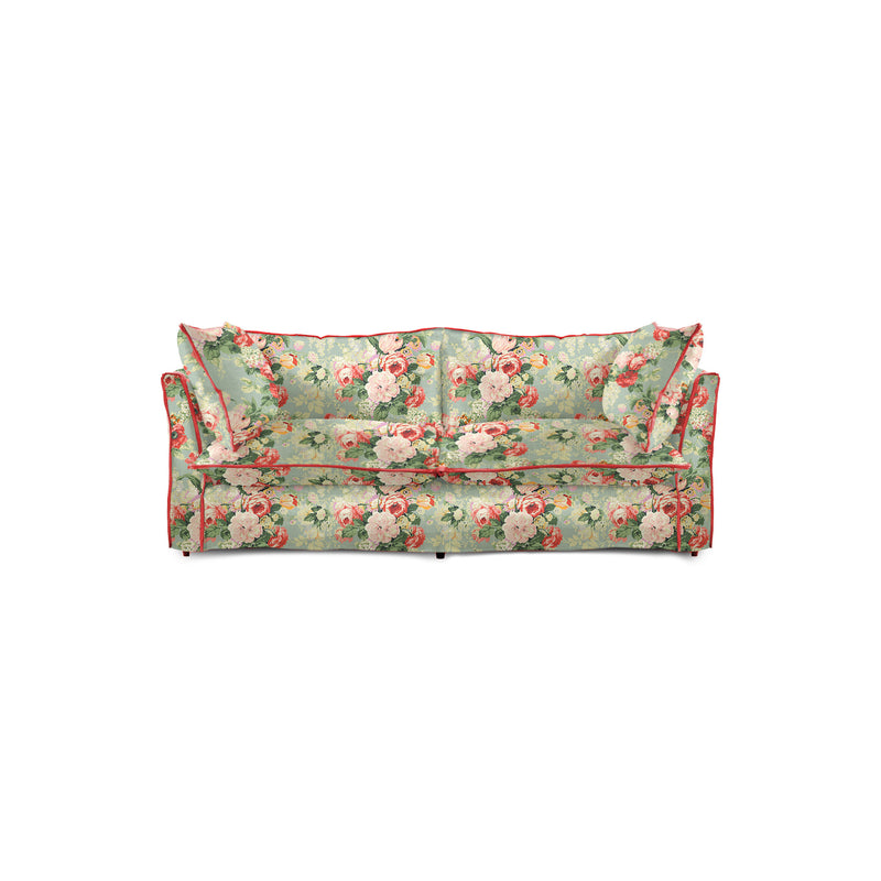 Coco 2.5 seater sofa with Knife Edge cushion in English Garden Grey Skies with Velvet Trim - Hand Made in USA
