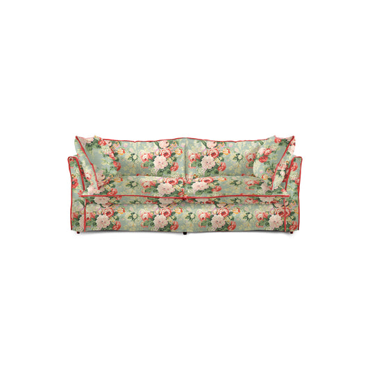 Coco 2.5 seater sofa with Knife Edge cushion in English Garden Grey Skies with Velvet Trim - Hand Made in USA