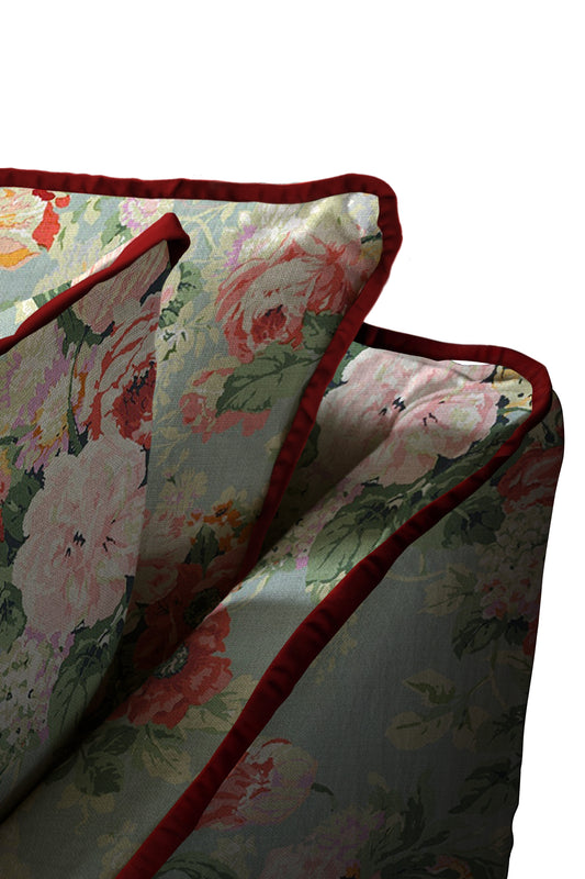Coco 2.5 seater sofa with Knife Edge cushion in English Garden Grey Skies with Velvet Trim - Hand Made in USA