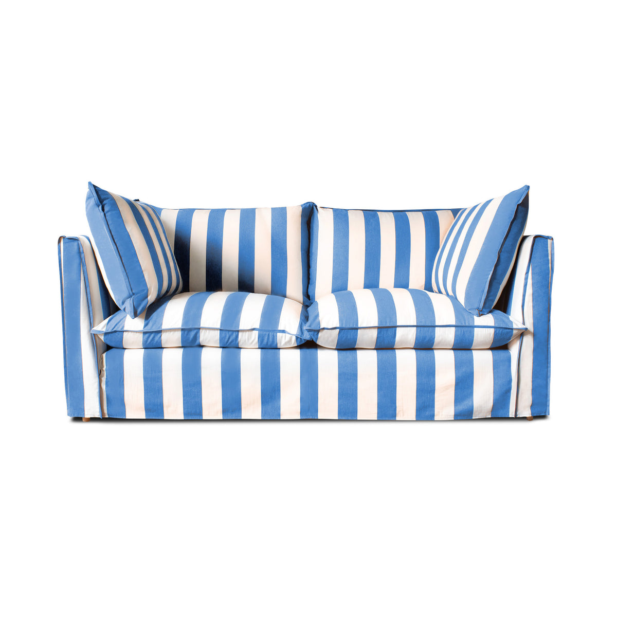 Coco 2.5 seater sofa with Self Piped Knife Edge cushion in Cornish Blue Stripes - Hand Made in USA