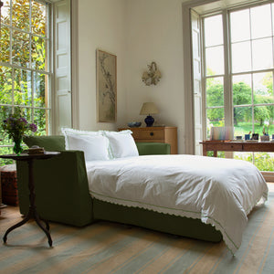 Coco 2.5 seater sleeper sofa with Self Piped Knife Edge cushion in Cotton Linen Evergreen  - Hand Made in USA