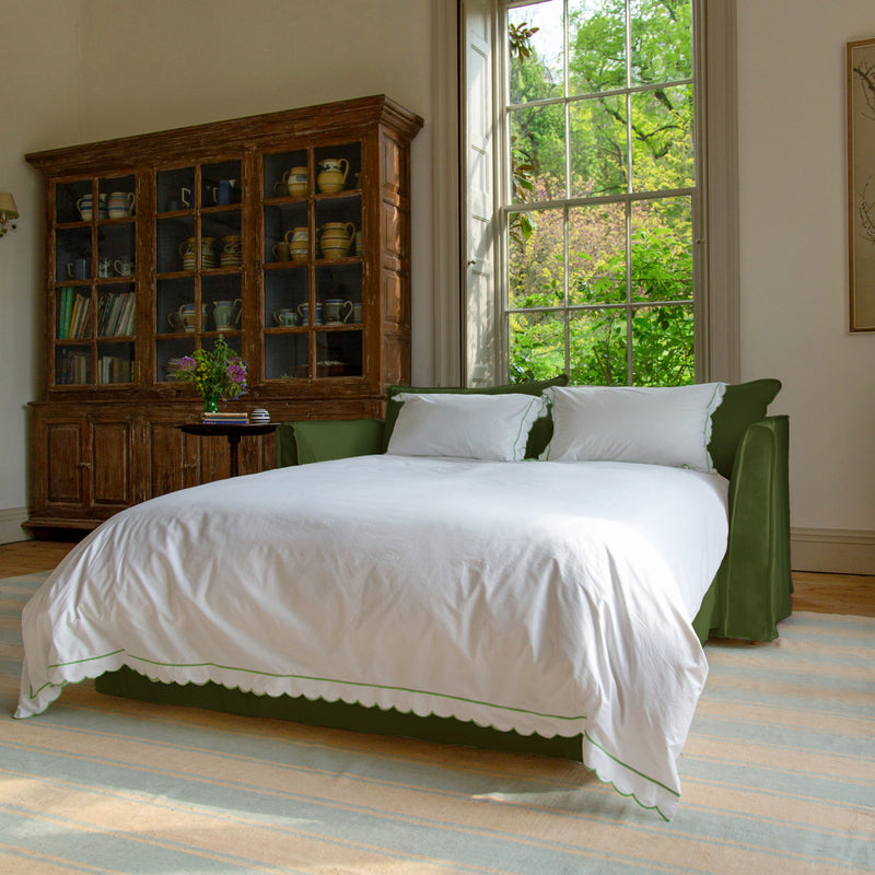 Coco 2.5 seater sleeper sofa with Self Piped Knife Edge cushion in Cotton Linen Evergreen  - Hand Made in USA