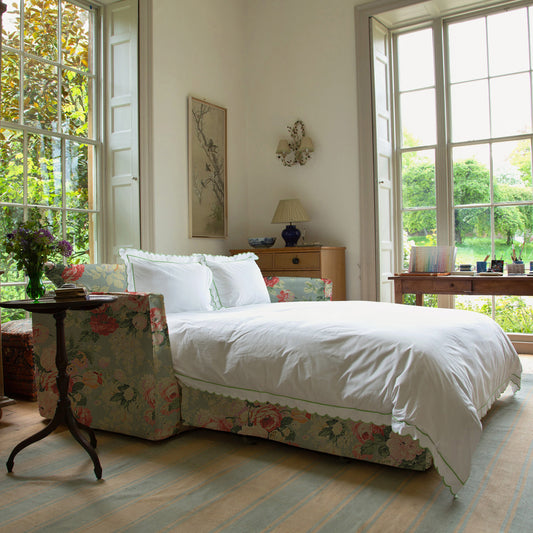 Coco 2.5 seater sofa bed with Knife Edge cushion in English Garden Grey Skies  - Hand Made in USA