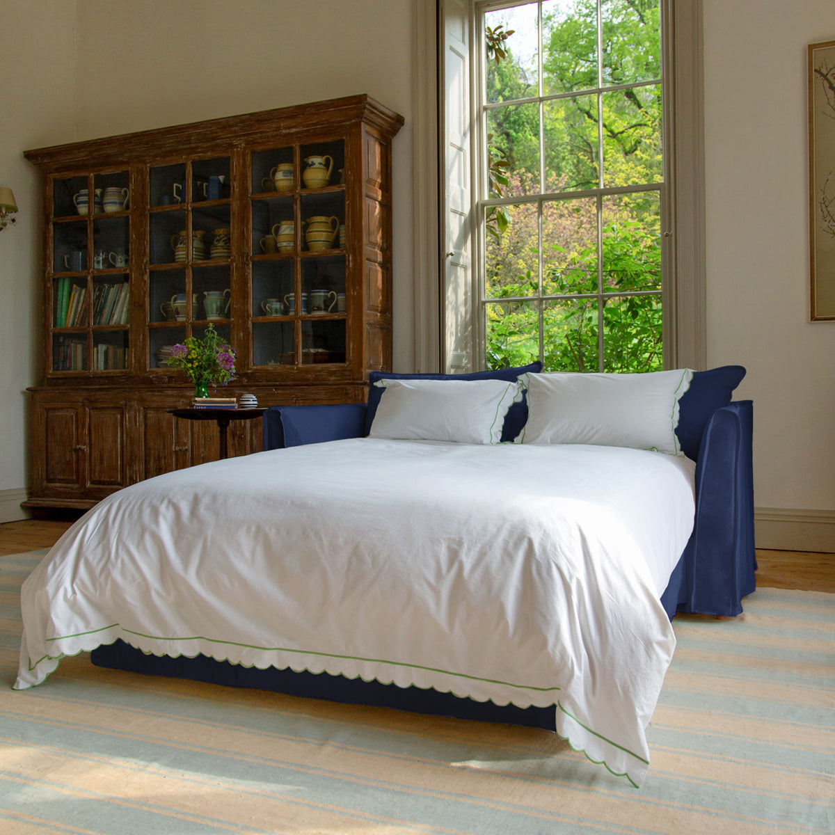 Coco 2.5 seater sleeper sofa with Self Piped Knife Edge cushion in Cotton Linen Inkspot  - Hand Made in USA