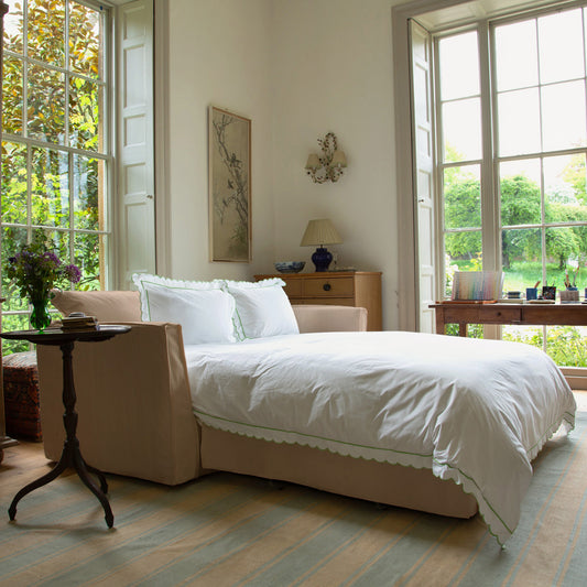 Coco 2.5 seater sofa bed with Self Piped Knife Edge cushion in Cotton Linen Rosedale - Hand Made in USA
