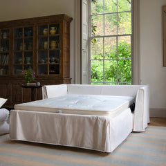 Coco 2.5 seater sofa bed with Self Piped Knife Edge cushion in Cotton Linen Snow Drop  - Hand Made in USA